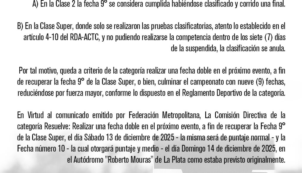 RESOLUCION SOBRE LA NOVENA FECHA DEL CAMPEONATO