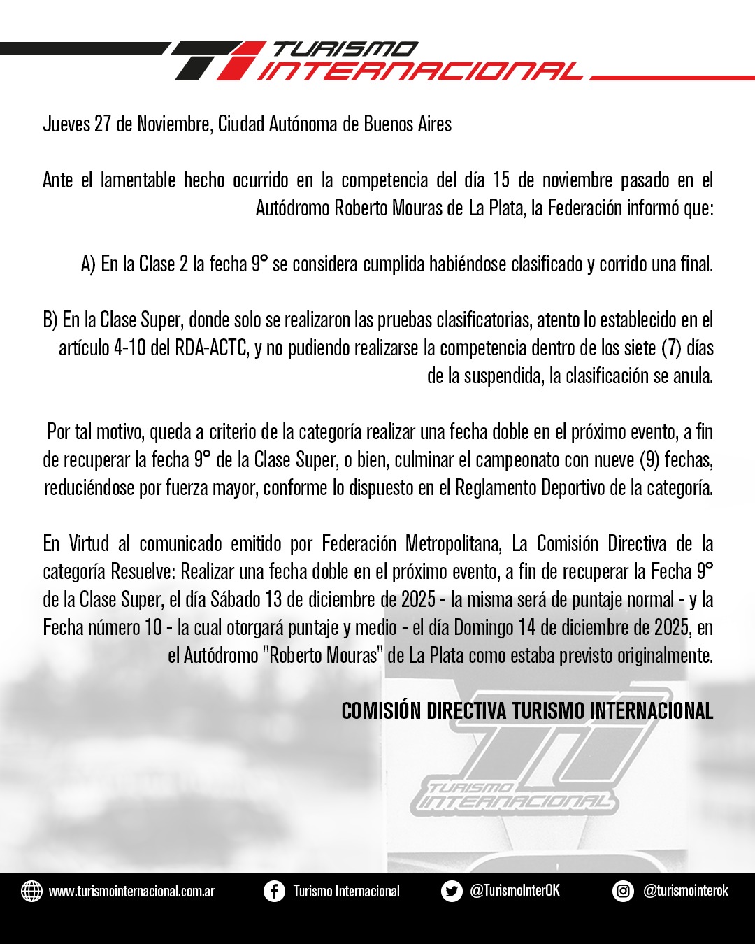 RESOLUCION SOBRE LA NOVENA FECHA DEL CAMPEONATO